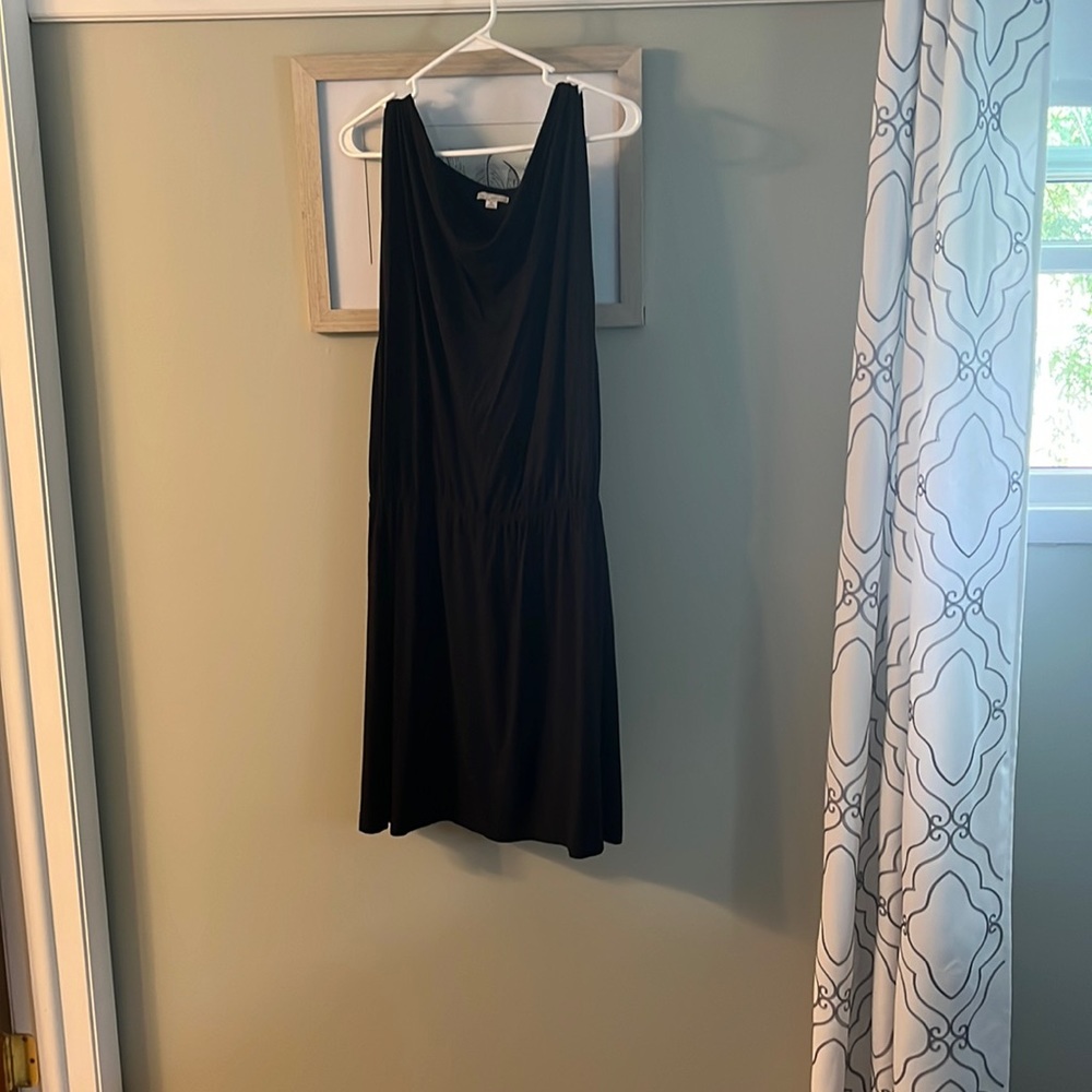 Mid length black summer dress tank top style with scrunch in waist.